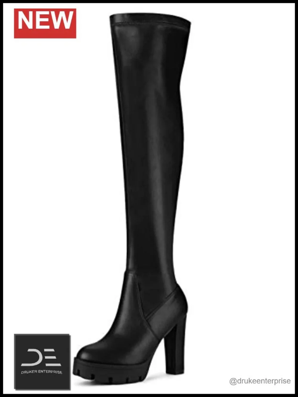 Women Platform Chunky Heel Over Knee Boots Faux Leather Zipper